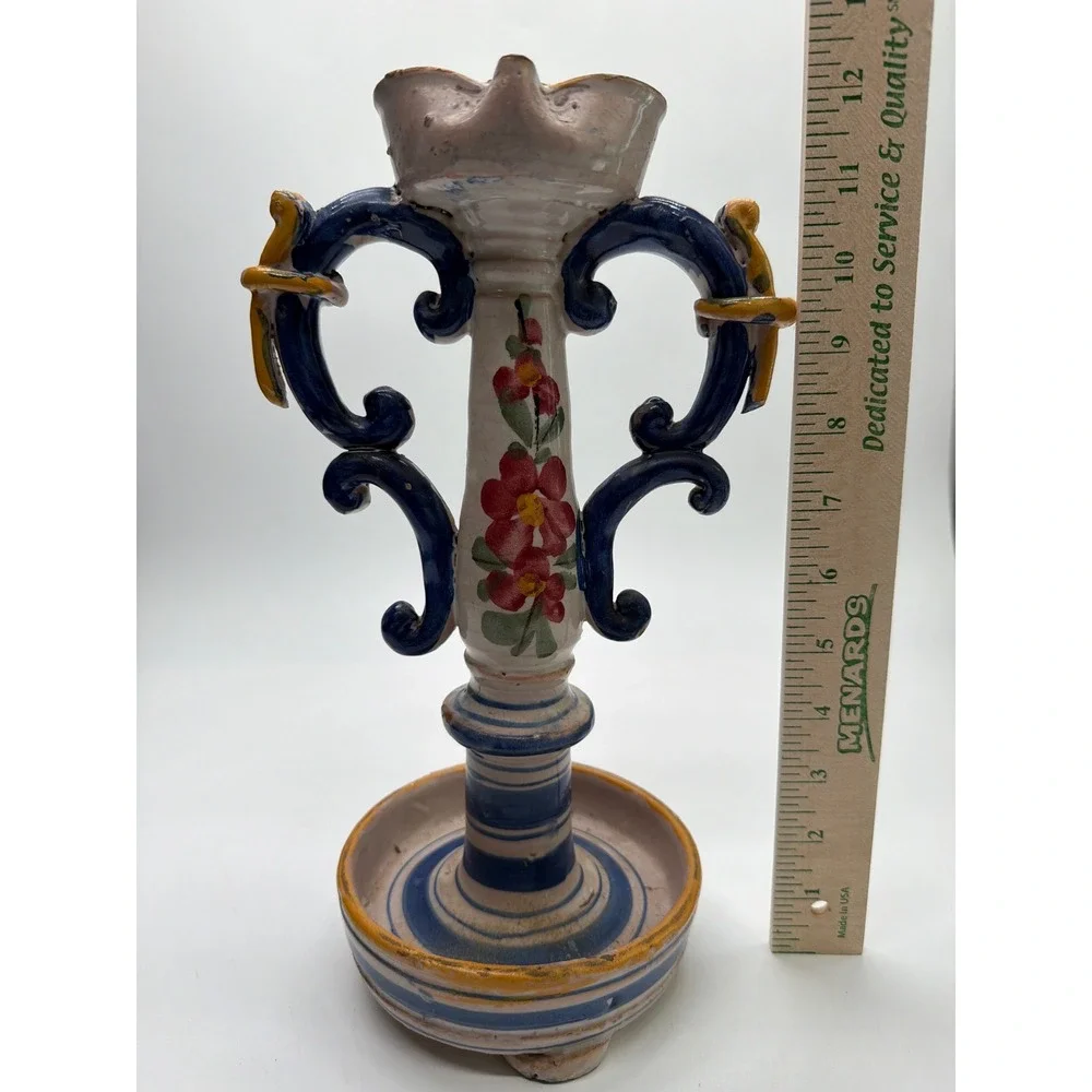 Vintage Italian Majolica Pottery Candlestick Hand Painted Floral Scroll 12.5
